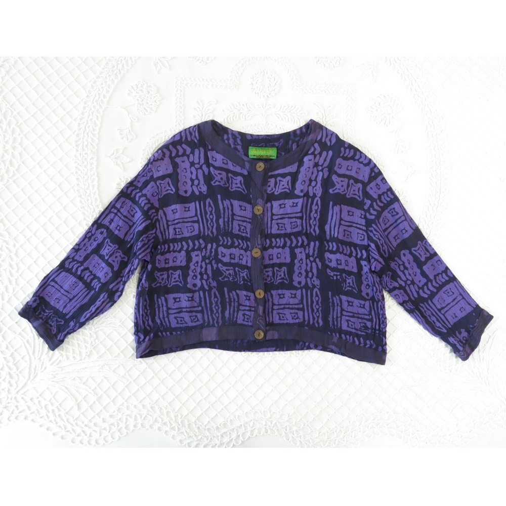 Vintage Kusnadi Purple Batik Rayon Button Front Boxy Cropped Cardigan Top